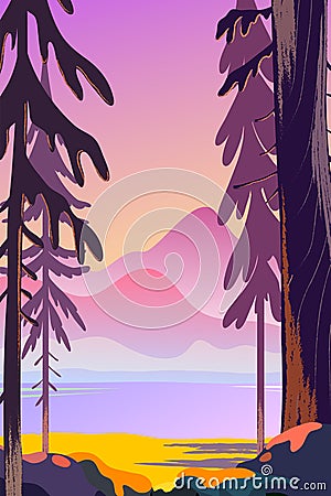 Beautiful autumn landscape flat design concept. Fantasy forest on a background of mountains. Wild nature vector Vector Illustration